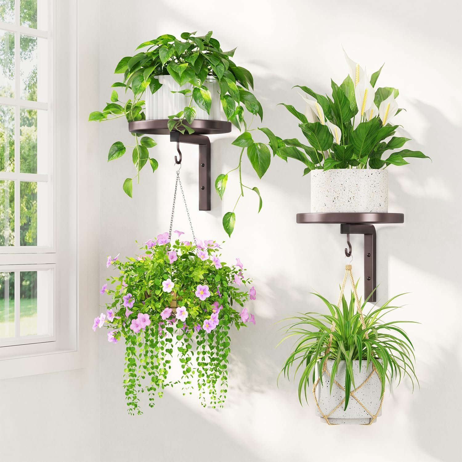 LASZOLA Plant Hangers Shelves Wall Mounted Indoor, Metal Window Plant Holders, 2Pcs Modern Floating Flower Display Stand with 2 Hooks for Outdoor Kitchen Bathroom Decor, Bronze