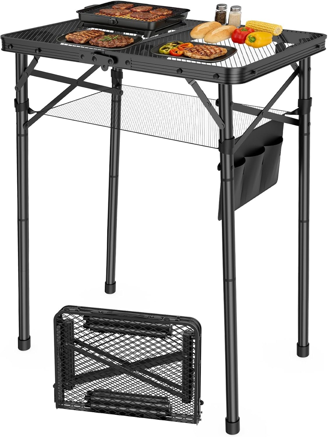 WildFinder Folding Camping Table, 3 Adjustable Height Max 27.5″ Portable Grill Table with Mesh Bag, 2×1.3 FT Picnic Table for Outside, Camping, BBQ, Beach, Patio(Black)