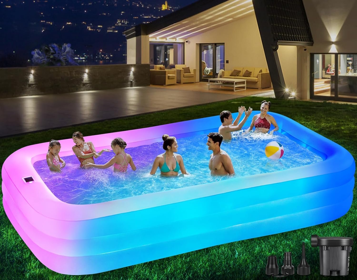 Large Solar Inflatable Pool with Lights, 130″x72″x22″, Oversized Thickened Blow Up Pool with Pump, 7 Color Changed Family Swimming Pool for Backyard, Outdoor