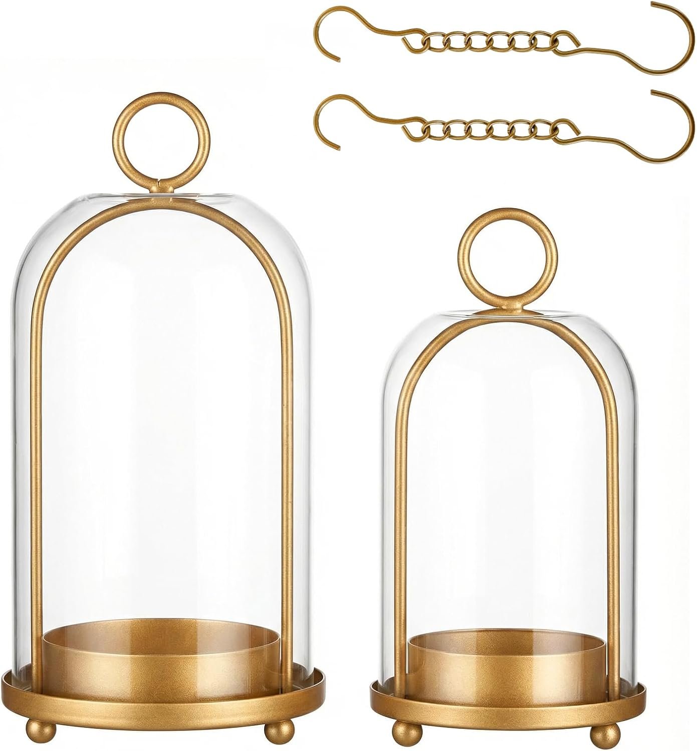 GYKLE Set of 2 Candle Lantern, Candle Holders with Glass Dome 10″ & 7.87″ | Vintage Brass Design, Perfect for Pillar Candles, Floral Arrangements, Vintage Home Accents