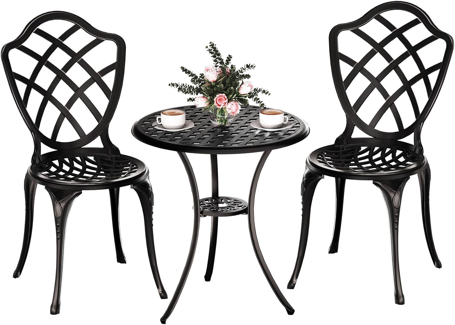 3 Piece Patio Bistro Set, Outdoor Bistro Table and Chairs Set of 2 w/Umbrella Hole, Rust-Resistant Cast Aluminum Bistro Set for Garden/Balcony/Backyard, Black