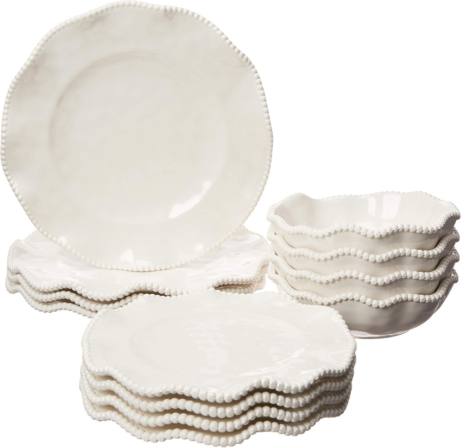 Perlette Off-White Beaded 12-Piece Dinnerware Set – Includes 4 Dinner Plates, 4 Salad Plates, 4 Bowls (7.5″ x 2″, 22 oz) – Elegant Unbreakable Melamine, Heavyweight, Perfect for Indoor/Outdoor Dining