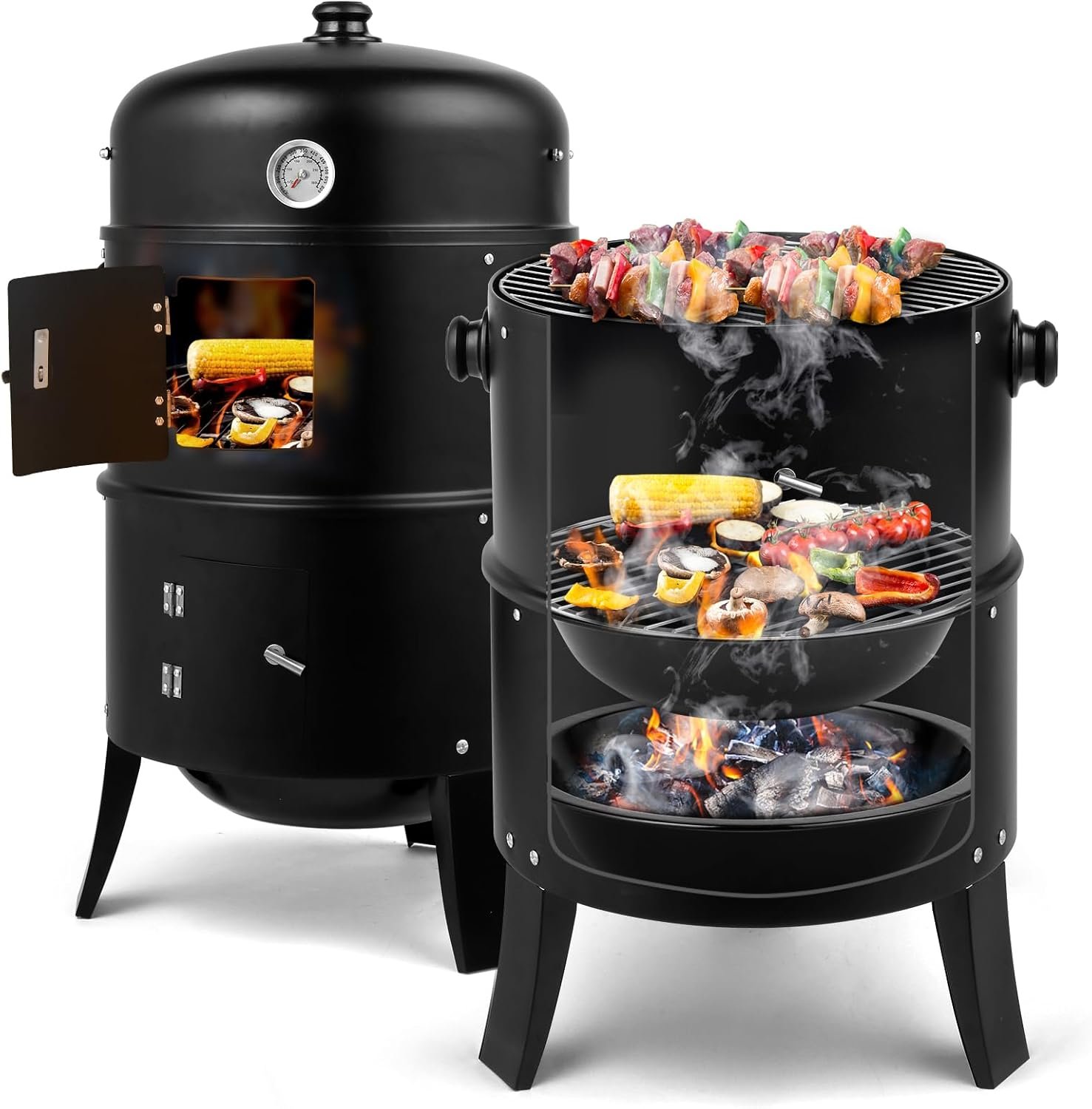 Outvita Vertical 17 Inch Charcoal BBQ Smoker, 3-in-1 Portable Grill Cooker | Built-in Thermometer, Outdoor Backyard Cooking Grilling Camping