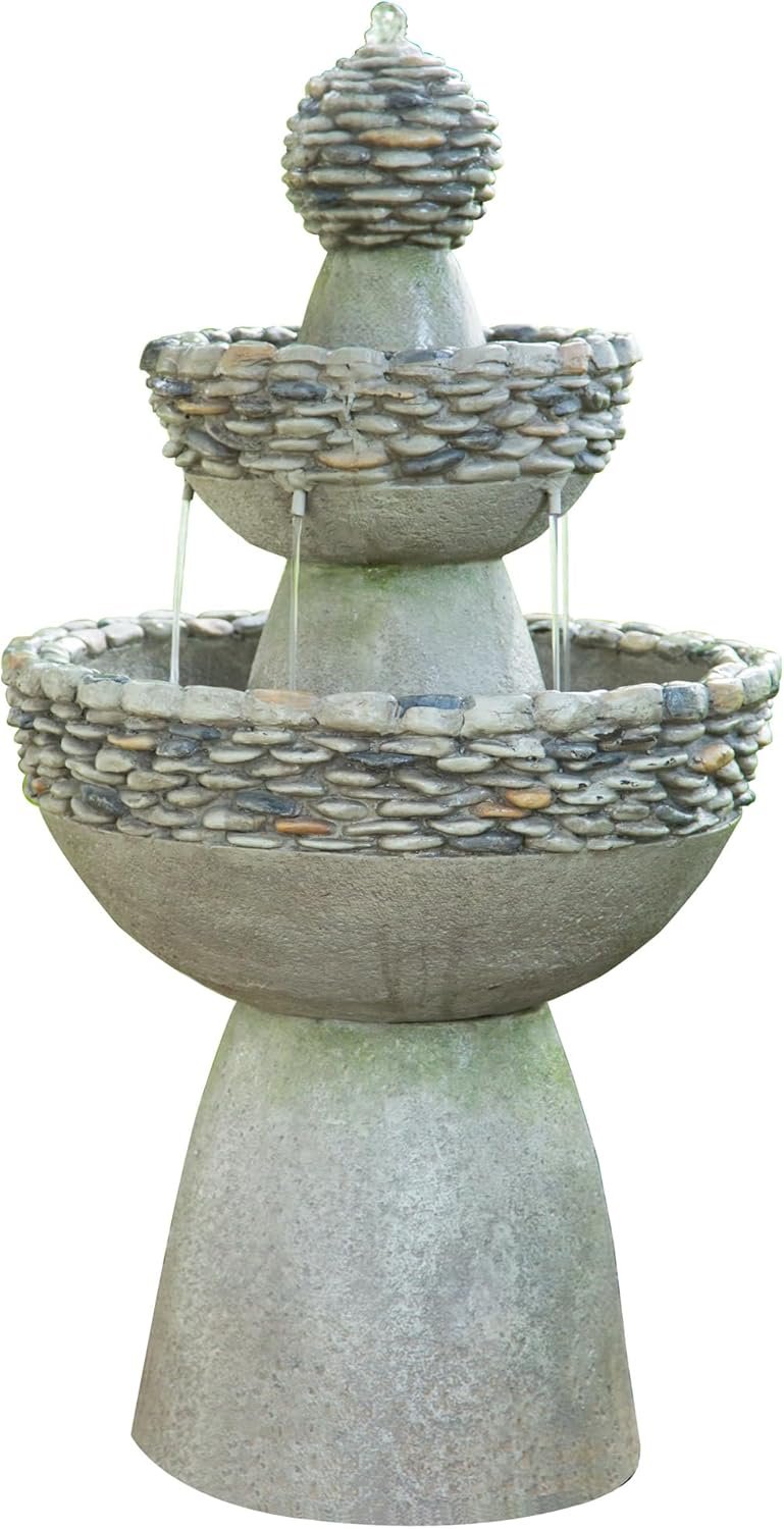 Teamson Home 36.5 in. Outdoor 3-Tier Zen-Style Pedestal Water Fountain in. with Stone Trim with Pump and 2.64 Gallon Capacity, Stone Gray | 3-Tier Garden Fountain, Stone Look, With Pump, Pedestal Waterfall Feature