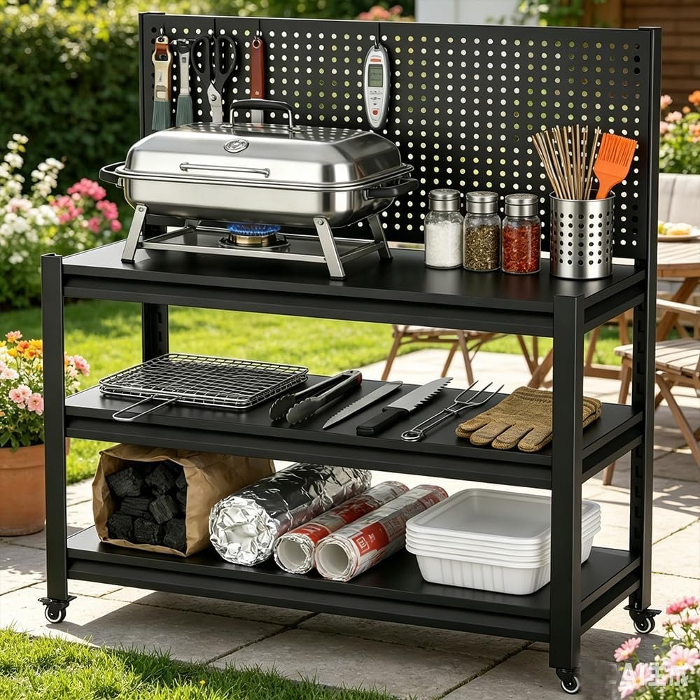 Outdoor Grill Cart with Wheels, Heavy Duty Metal Grill Table for Outside,Anti-Rust Bar Cart,BBQ Grill Stand Utility Rolling Cart for Patio Backyard Cooking (47.2″ H*33.46″ W*18″)