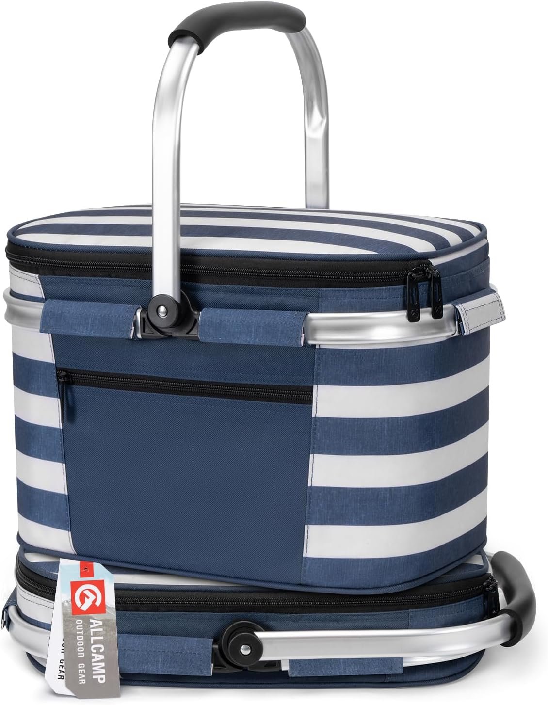 ALLCAMP Picnic Basket – Insulated Cooler, Thickening Foldable Picnic Basket with Removable Baskets & Sewn-in Frame, Basket for House Warming Gifts New Home(Blue White)