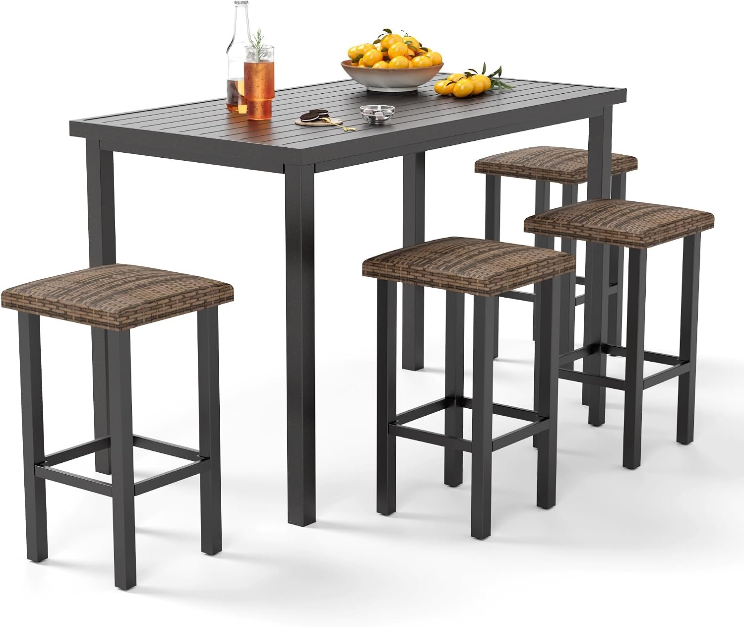 PHI VILLA 5 Piece Outdoor Patio Bar Set, Wicker, Bar Height | Black Wood Grain Metal,All-Weather Counter Height Outdoor Dining Set for Porch, Yard, Deck, Poolside