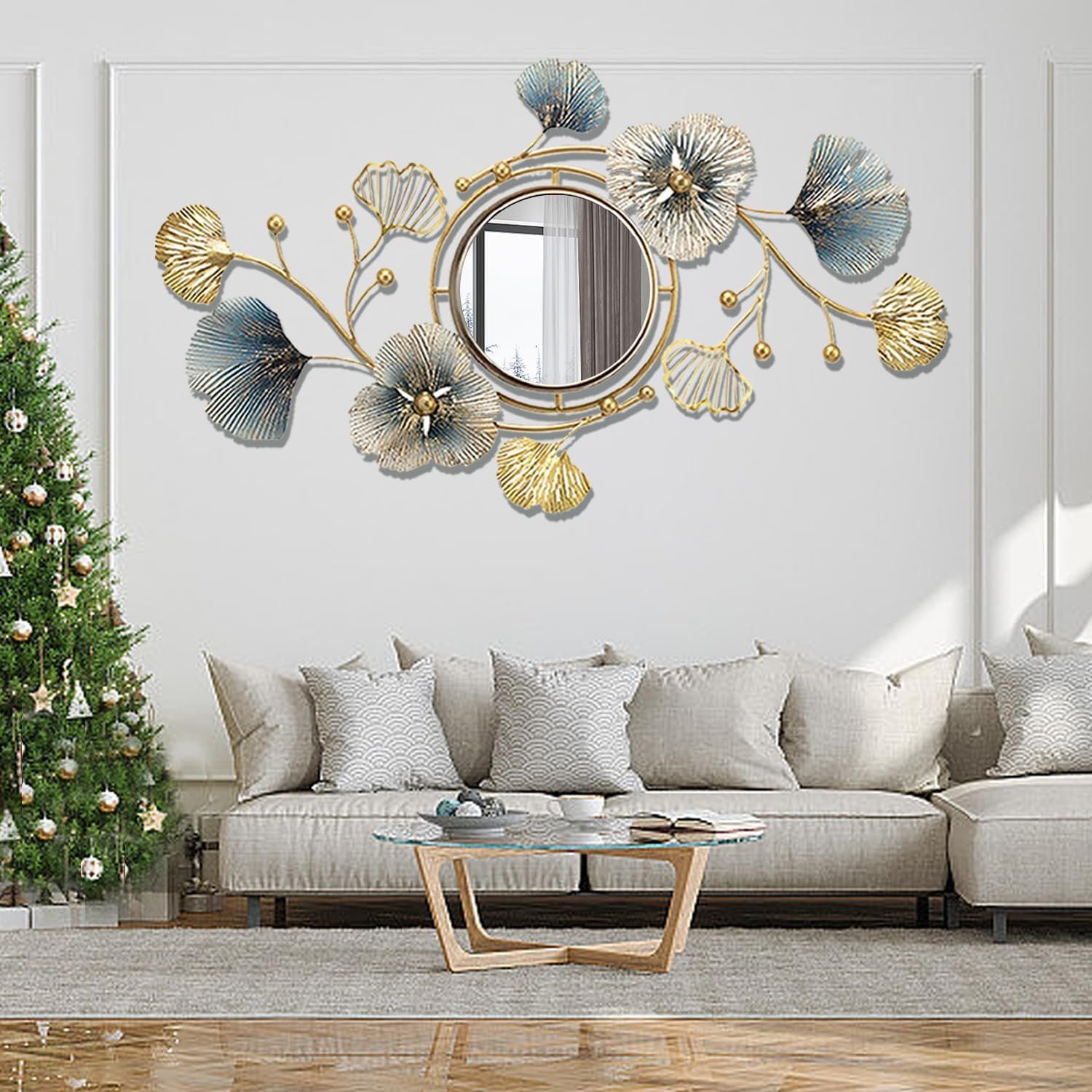 Metal Wall Mirrors Decor, 59″ x33” Large Ginkgo Leaf Wall Art | Decorative Wall-Mounted Mirror, 3D Creative Modern Ginkgo Leaves Flower Big Wall Hanging Mirror, for Living Room (59X33 Inch)