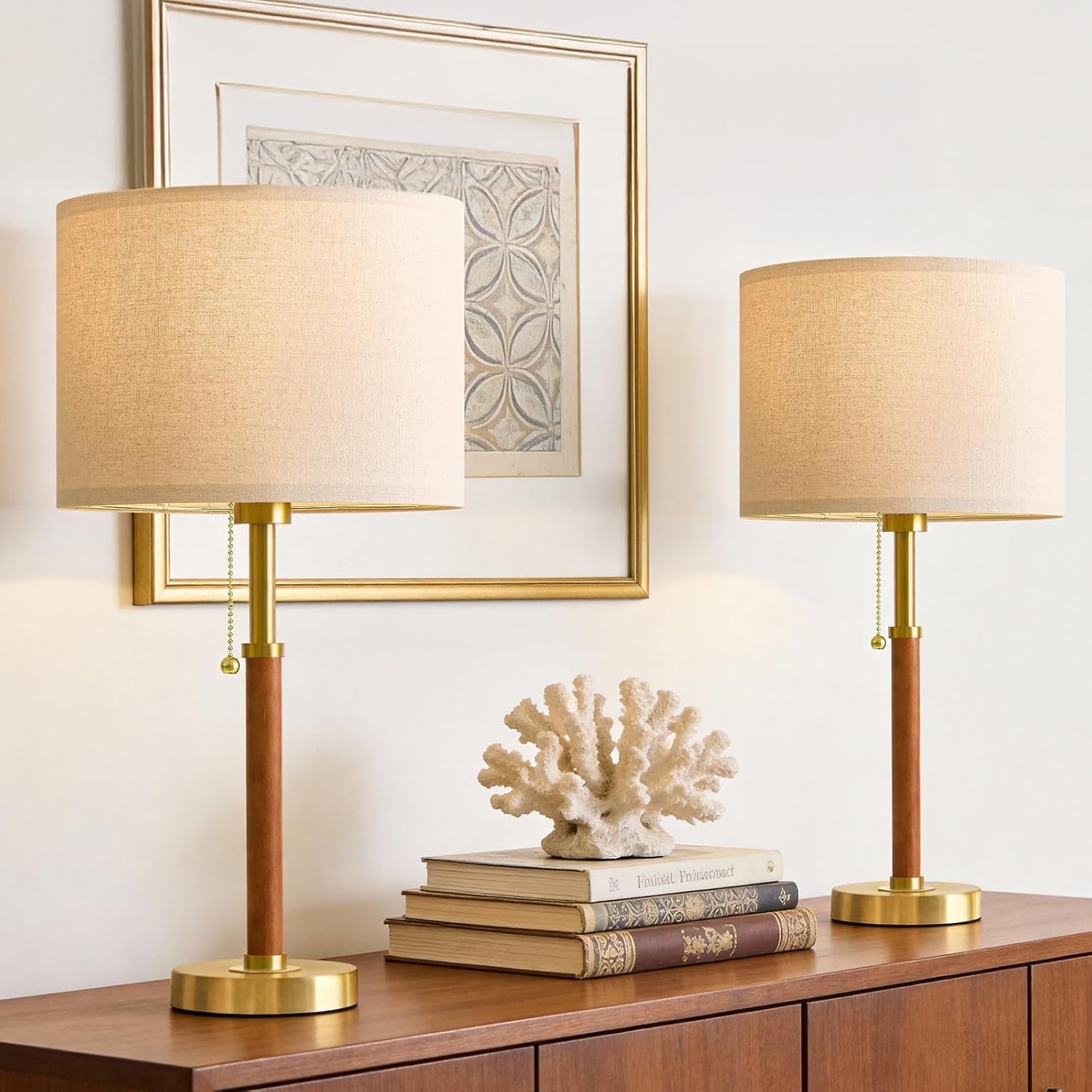 G-SAFAVA 22″ Wood Table Lamps Mid Century Modern Lamp for Bedroom Living Room Bedside Lamps for Night Stands Nightstand Lamp with Pull Chain Gold Small Side End Table Lamps Set of 2 Vintage Deco Gifts