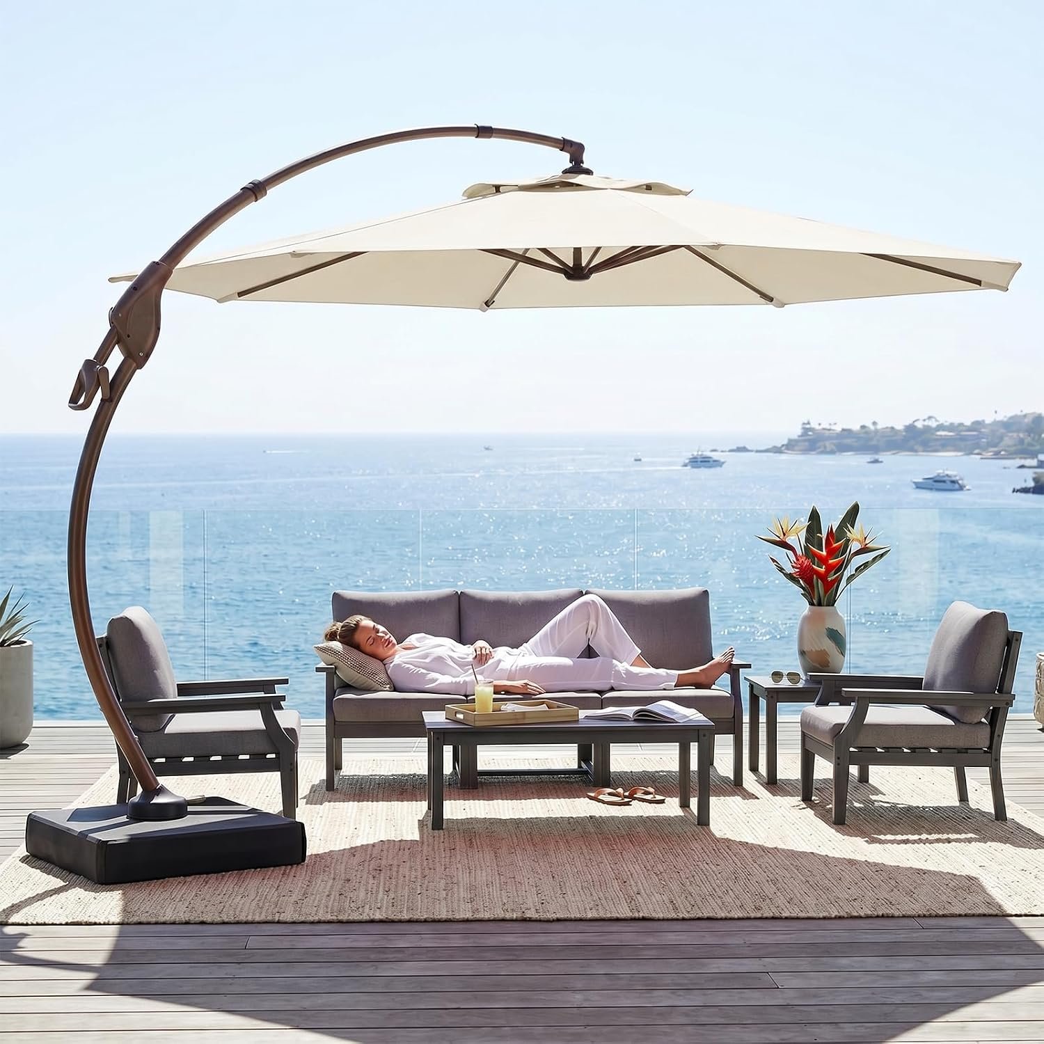 Cantilever Umbrella with Heavy-Duty Base, Outdoor Large Round Aluminum Offset Umbrella for Patio Garden Backyard, UV-Resistant Waterproof Canopy, 360° Rotation & Tilt Adjustment
