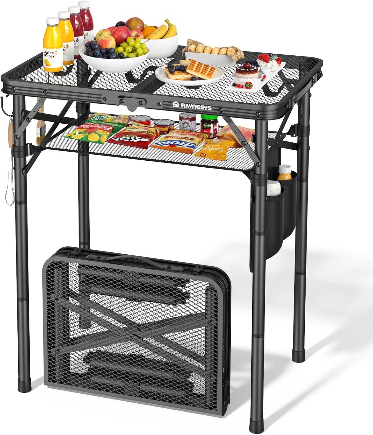 Raynesys Portable Folding Grill Table for Outside for Picnic, Camping | 3 Height Adjustable Small Camping Table with Mesh Bag, Metal Aluminum Folding Table, 23.62 x 15.75 inches, Black