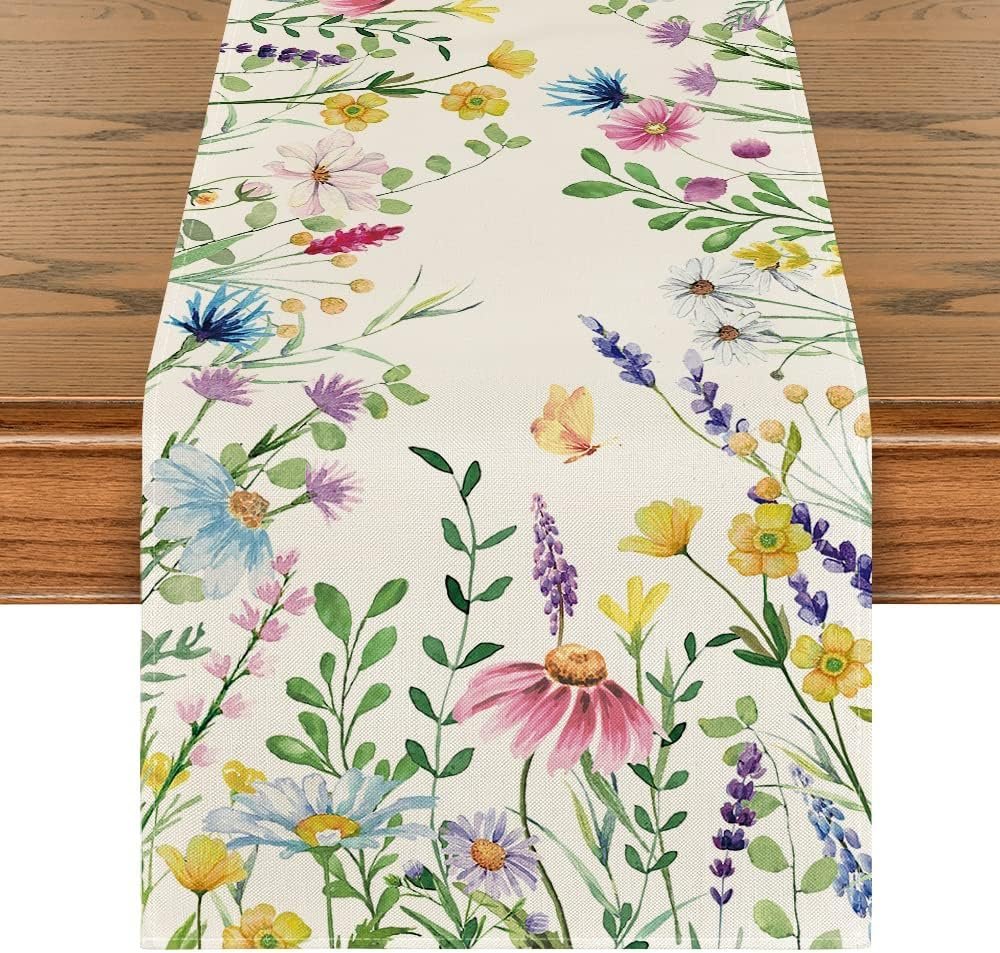 Artoid Mode Daisy Eucalyptus Lavender Floral Leaves Summer Table Runner, Spring Kitchen Dining Table Decoration for Home Party Decor 13×72 Inch