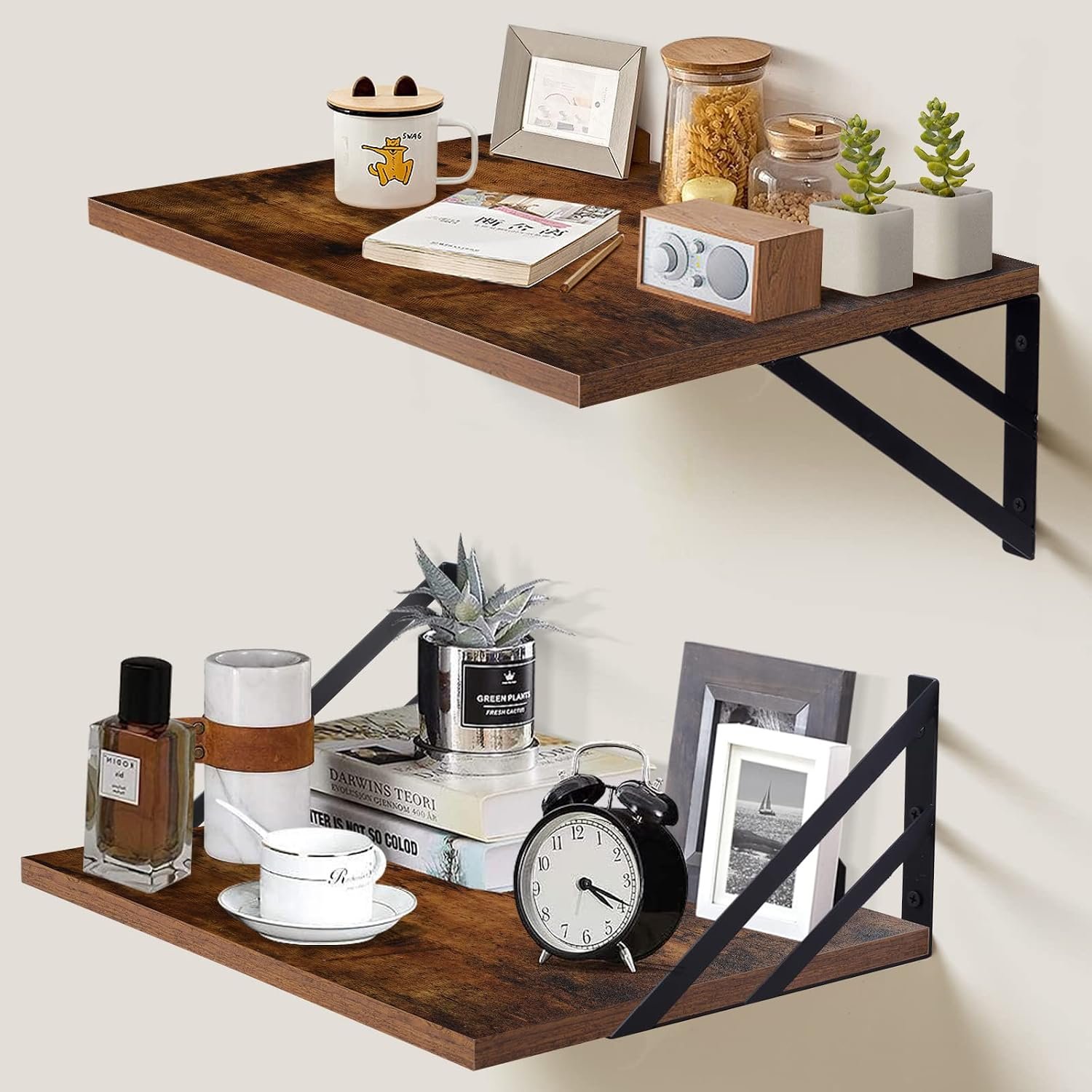 Tectocker-DOU 2 Pc Deep Floating Shelves ; Wall Mounted Hanging Shelves for Living Room, Kitchen, Office, Bathroom and Bedroom Decor; Storage and Display Shelf Set (Brown, 16W×12D) | Easy Install, All Hardware Included. Holds 40 Lbs. Easy-Clean. For Living Room, Kitchen, Bathroom, Bedroom, Office.