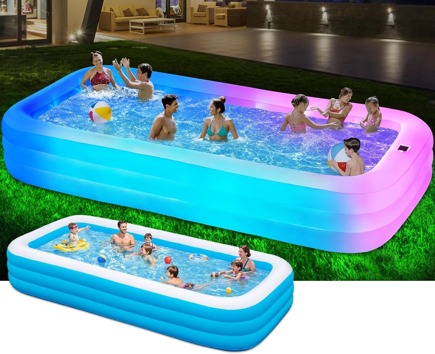 145″x74″x22″, Large Solar Inflatable Pool with Lights, Oversized Thickened Blow Up Pool for Adults, 7 Color Changed Family Swimming Pool for Backyard, Outdoor