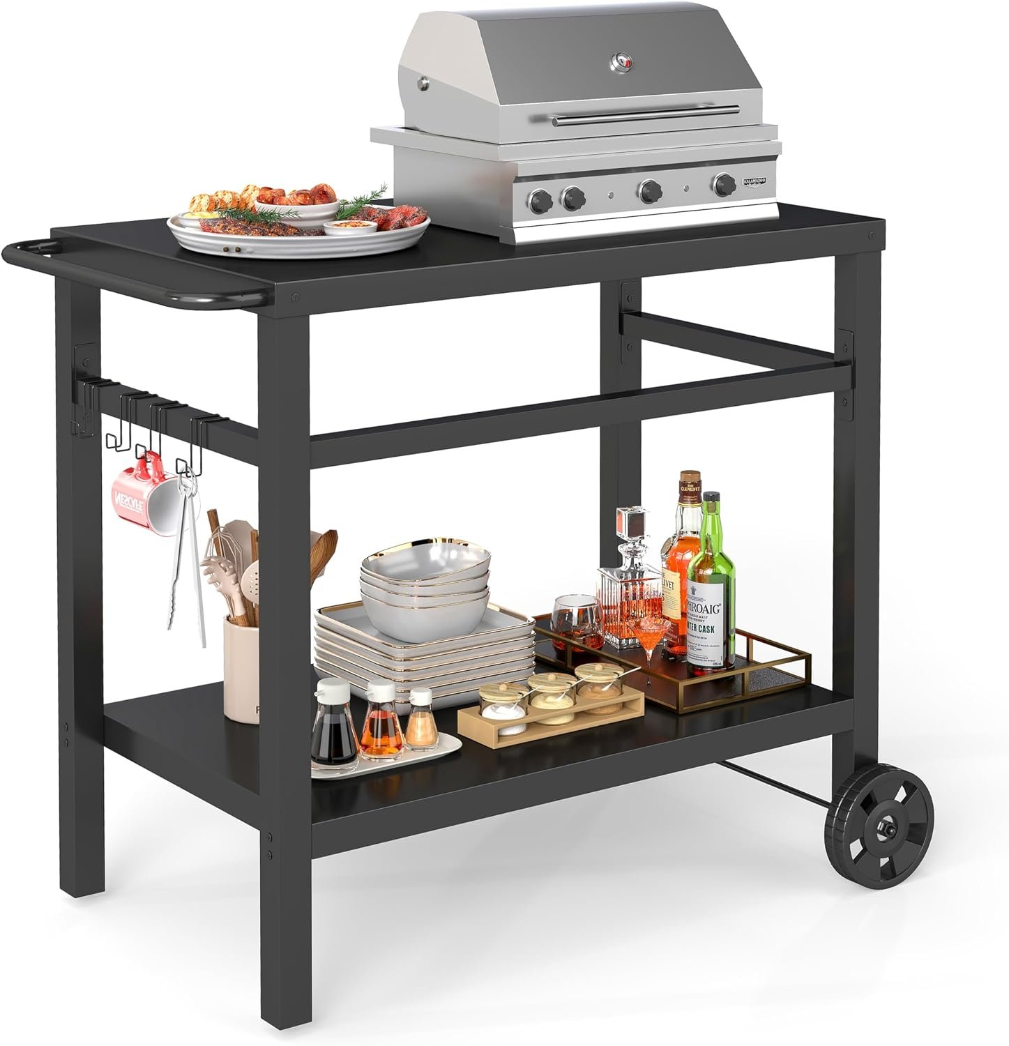 DDK 2-Tier Outdoor Grill Table, 34″ Metal Top BBQ Prep Cart with Wheels & Hooks, 150 LBS Capacity Grill Cart for Patio Backyard Camping, Works as Griddle Stand & Potting Bench