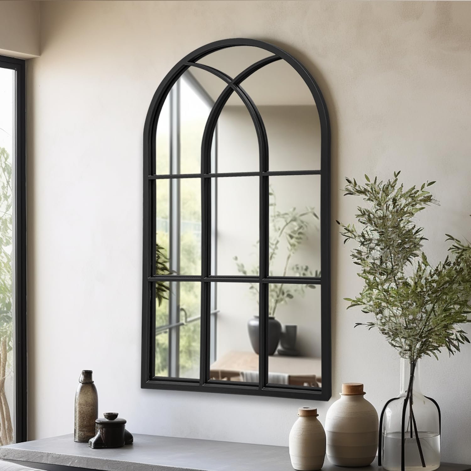 Dewfig Arched Window Wall Mirror, 42″x24″ Windowpane Mirror, Black | Grid-Designed Metal Frame Farmhouse Mirror, Lean/Hang, for Bedroom, Bathroom, Living Room, Entryway, Hallway, Wall Decor