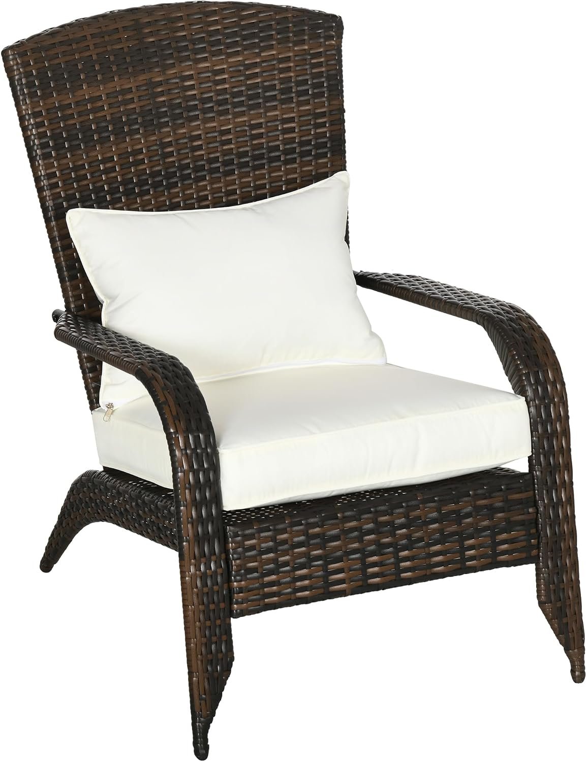 Outsunny Patio Wicker Adirondack Chair, Outdoor All-Weather Rattan Fire Pit Chair w/Soft Cushions, Tall Curved Backrest and Comfortable Armrests for Deck or Garden, Cream White