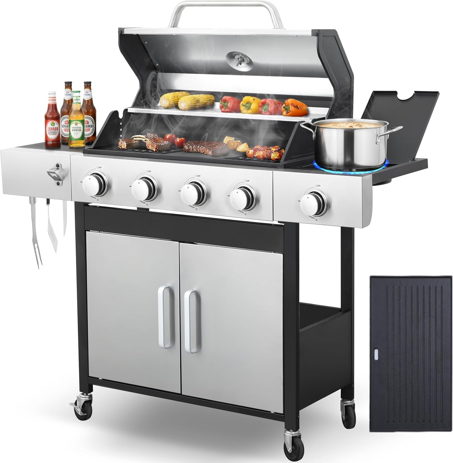 Propane Gas Grill 4 Burner Griddle & Grill Combo, 49,000 BTU Outdoor BBQ with Side Burner, Porcelain Cast Iron Grates & Reversible Griddle, Fast Heating for Backyard Camping Tailgating