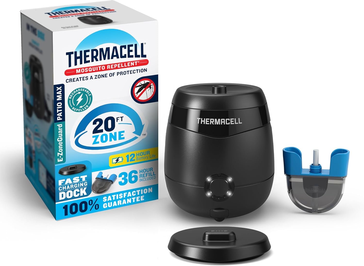 Thermacell E-ZoneGuard Patio Max Rechargeable Mosquito Repeller with 20-Foot Zone of Scientifically Proven Outdoor Protection; 12-Hr Battery; 36-Hr Refill; Bug Spray Alternative; Fast Charging Dock