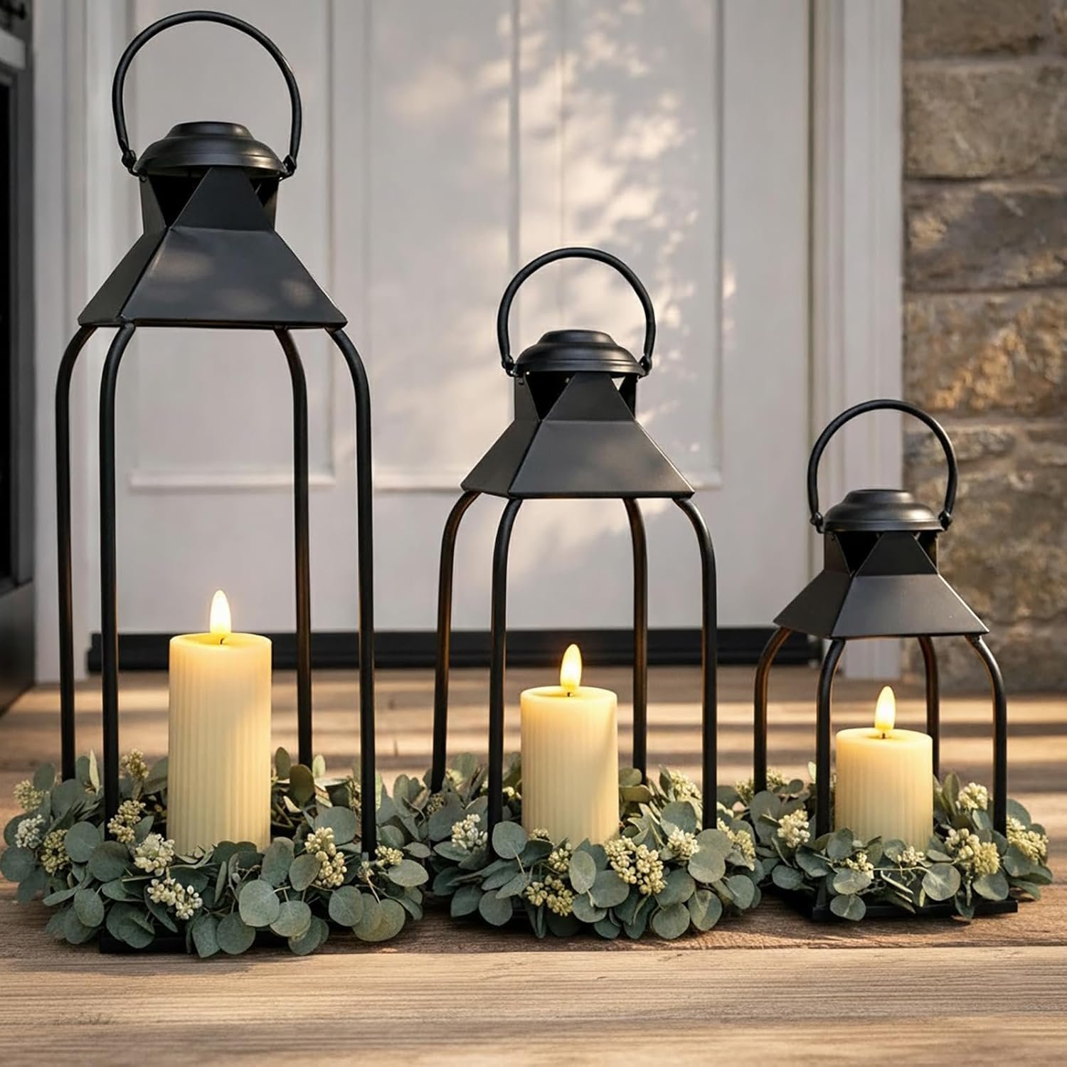 Decorative Metal Lanterns Indoor Outdoor, Candle Holder for Porch, Patio, Fireplace, Floor, Wedding, Christmas, Fall, Holiday, Farmhouse Table Centerpiece (Black, Set of 3 20″ 15.7″ 12″)