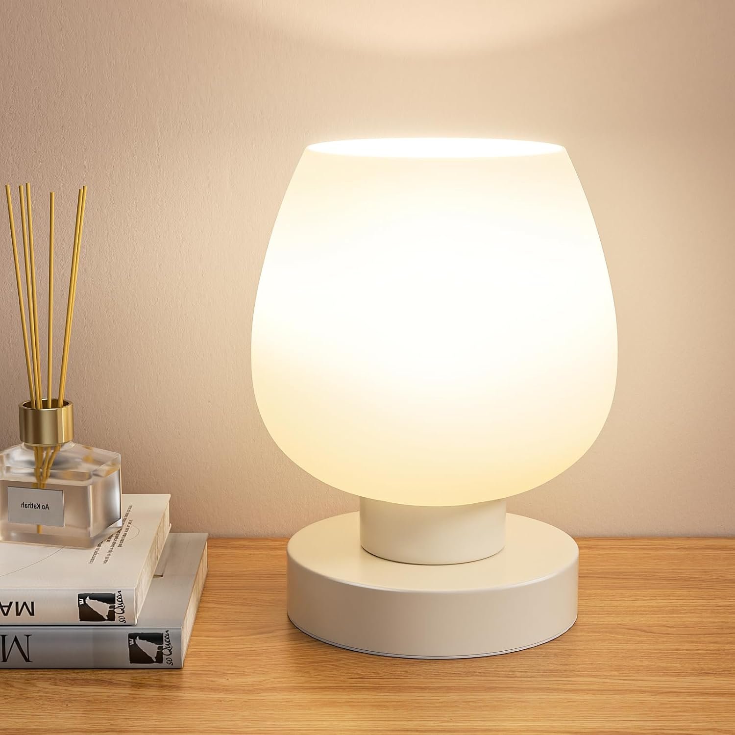 Seealle Small Touch Table Lamp for Nightstand, 3 Way Dimmable Bedside Lamp | White Glass Shade, Bedroom, Living Room, Night Stands, Small Spaces, LED Bulb Included, Gift Choice