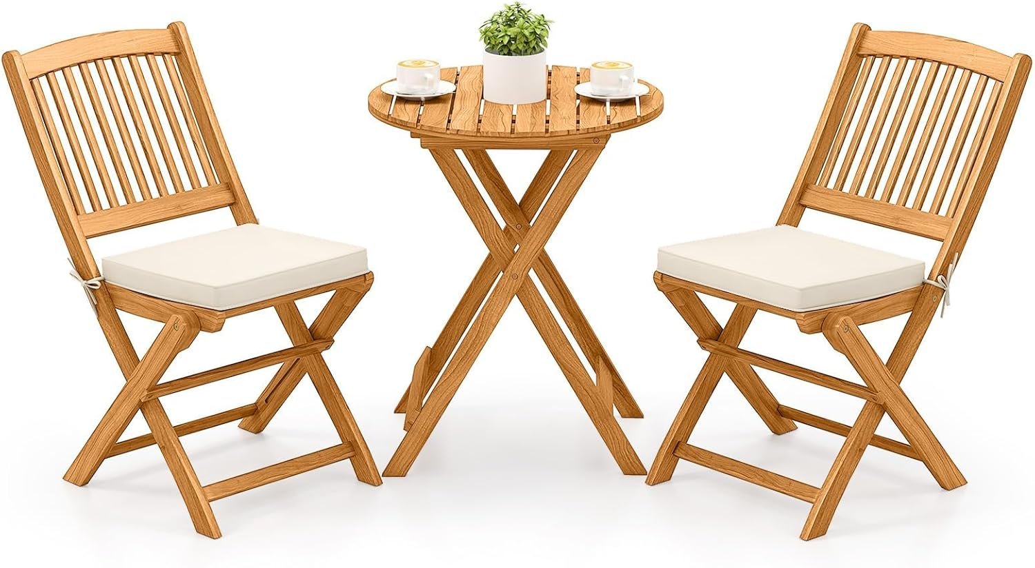 Tangkula 3 Pieces Acacia Wood Patio Folding Bistro Set, Outdoor Table and Chairs Set with Soft Cushions, Patio Furniture Set for Porch, Balcony, Garden, Deck and Backyard