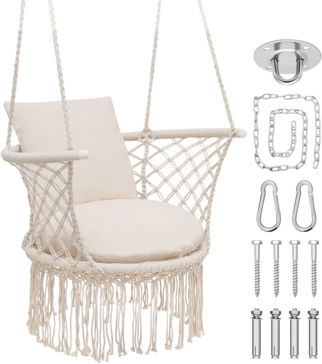 Athena Collection Macrame Hammock Chair with Mounting Hardware Kit, Beige | Cotton Woven Rope, Supports up to 350 lbs, Boho Hanging Rope Swing Chair for Reading, Meditation, or Relaxation