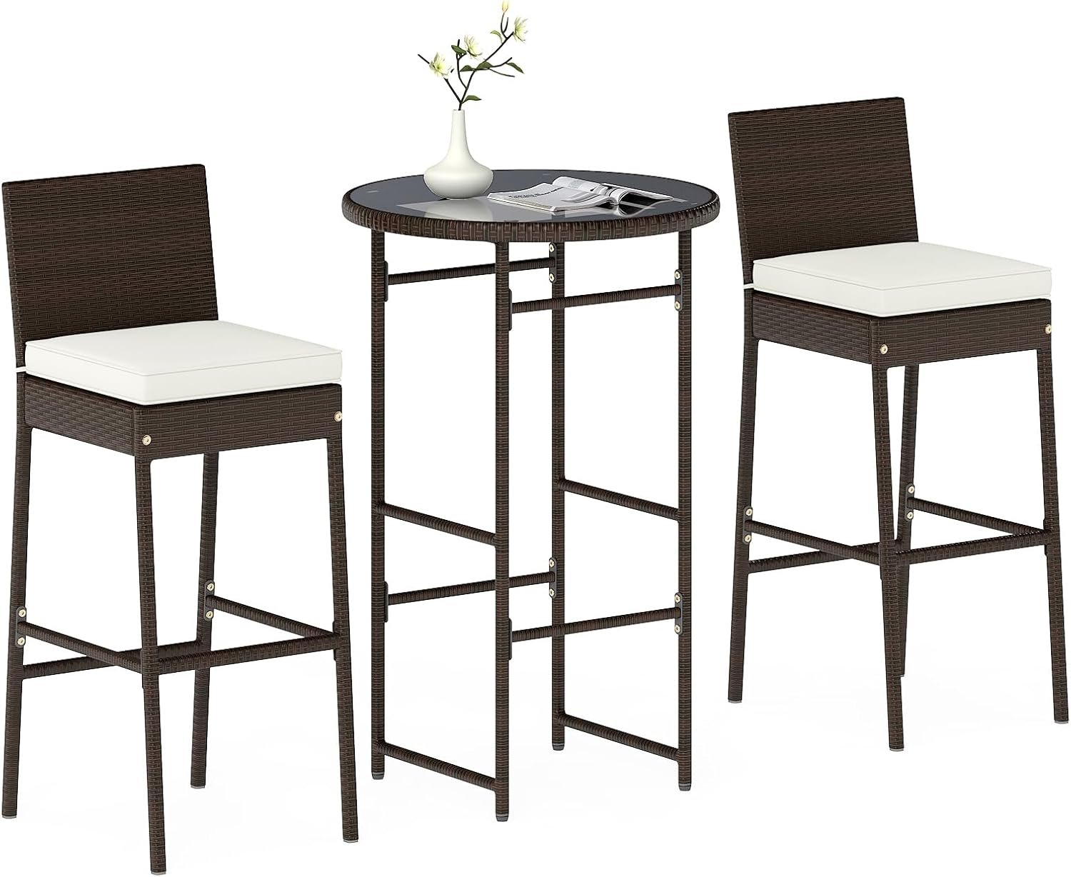 Tangkula 3 Piece Outdoor Bar Set, Patio Rattan Bar Height Heavy Duty Metal Frame Table & Cushioned Chairs, for Porch, Yard, Poolside and Bistro