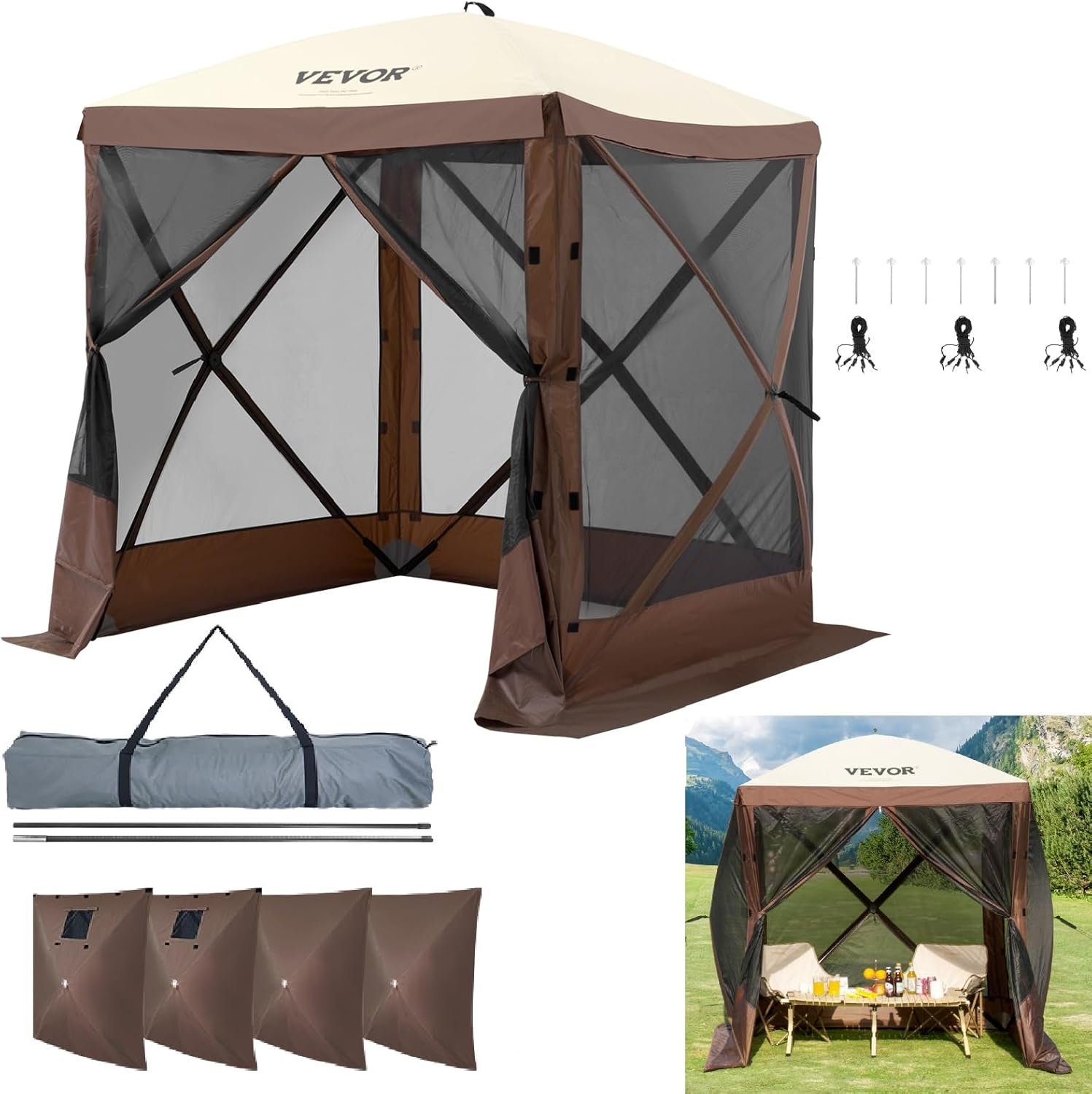 VEVOR Pop Up Gazebo Tent, Pop-Up Screen Tent 4 Sided Canopy Sun Shelter with 4 Removable Privacy Wind Cloths & Mesh Windows, 6x6FT Quick Set Screen with Mosquito Netting, Brown