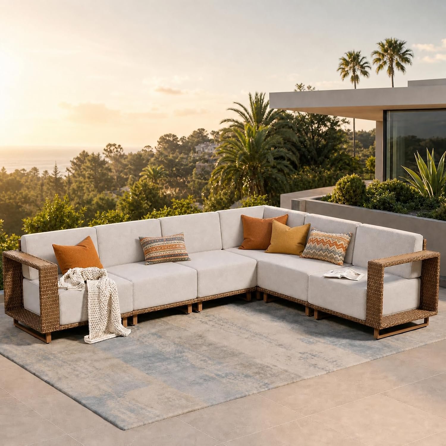 SUNSHINE VALLEY Patio Sectional Furniture, Outdoor Yellow Rattan Wicker Sofa with 10”Ultra-Thick Cushions, L Shaped Modular Patio Conversation Set, Low Profile Lawn Garden Backyard Couch Set