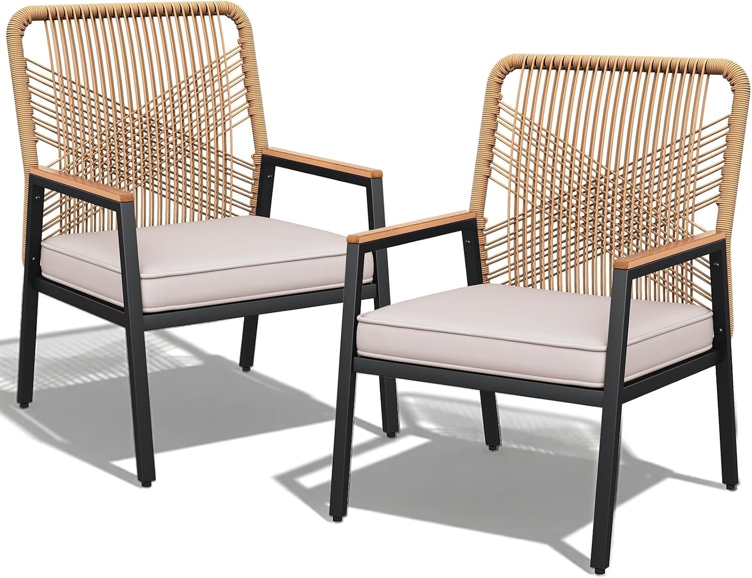 LIFERUN 2-Piece Rattan Patio Chairs with 3.15-Inch Cushions, Beige | Outdoor Armchair Pair with Wide Seats And Curved Backs; WPC Armrests for Balcony, Backyard And Terrace Seating