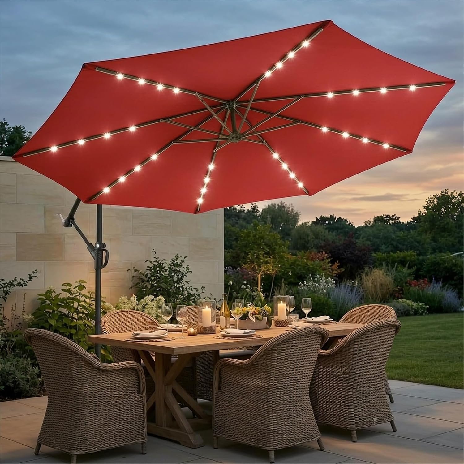 wikiwiki 10ft Solar LED Offset Patio Umbrella, Outdoor Cantilever Patio Umbrellas with Solar Lights for Backyard, Poolside and Garden, Easy Tilt Adjustment, Polyester Shade, Bright Red