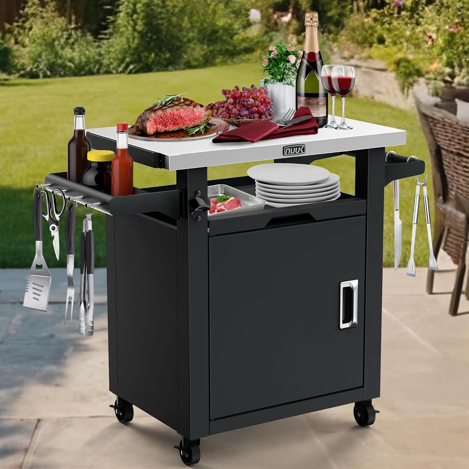 NUUK Grill Table with Storage Cabinet, Outdoor Bar Cart Pizza Oven Table with Wheels, Stainless Steel Top Kitchen Island 20″ x 30″ Rolling Prep Station for Indoor, BBQ, Deck, Backyard