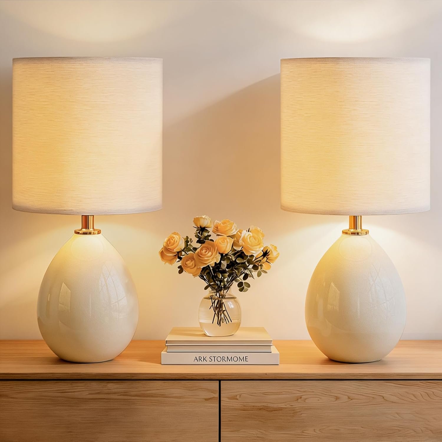 Dawnwake 18.5″ Table Lamps Set of 2 for Living Room Bedroom, Bedside Lamps for Night Stands, Desk Nightstand Lamp Dimmable, Modern Linen Cream Ceramic Lamps
