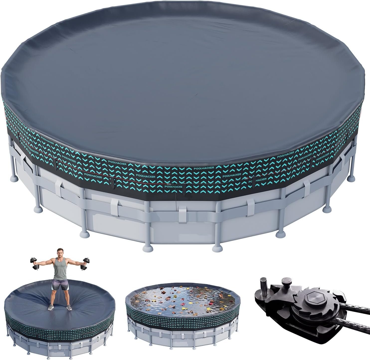 POOLHACKER 550D Heavy-Duty 10 ft Round Pool Cover for Above Ground | 2026 Upgraded Oxford Fabric, Tear-Resistant, UV Protection, Steel Cable & Pulley System, Wind-Resistant Fit, Quick Setup