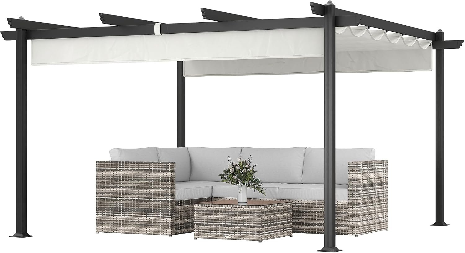 Outsunny 13′ x 13′ Retractable Pergola Canopy Stronger Aluminum Frame White | Outdoor Pergola Sun Shade Shelter, Garden, Patio, Backyard, Deck