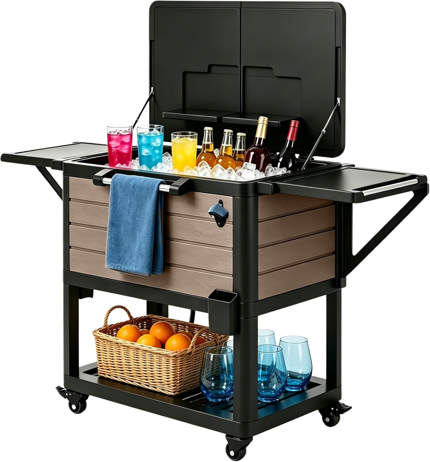 MAKINO 104 Quart Rolling Ice Chest Cooler Cart with Wheels and Handle, Outdoor Bar Cart with Foldable Side Tables, Drain Hose, Collapsible Beverage Cooler for Party, BBQ, Pool, Patio, Picnic