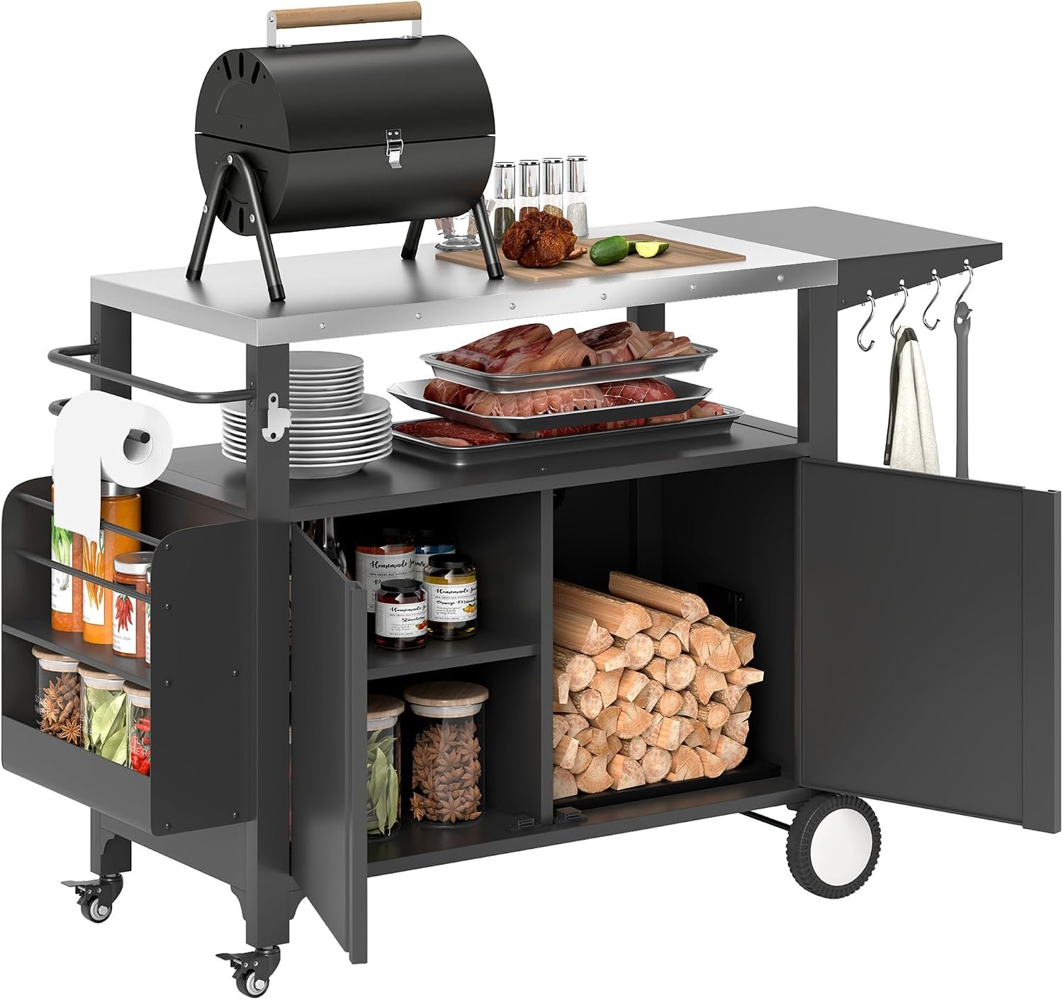 Outsunny Outdoor Grill Cart Table with Foldable Side Shelf, 37.8″ x 18.1″ | Stainless Steel Tabletop, Movable Food Prep Pizza Oven Table, Storage & Towel Rack, Hooks, Wheels