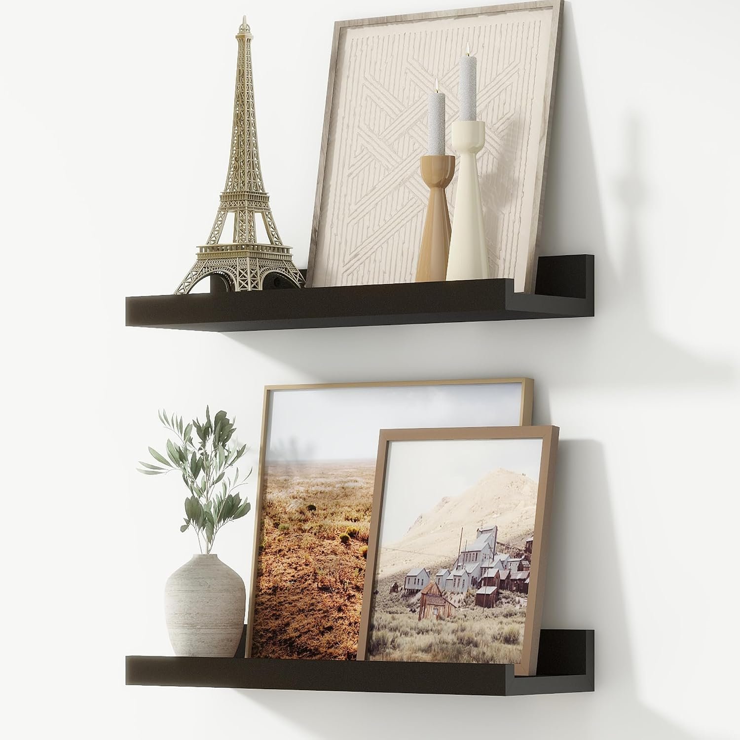 FLYJOE Picture Ledge Shelf, Floating Shelves Set of 2, 16 Inches Nursery Book Shelves for Toys Storage, Kids Bookshelf Wall Mounted for Living Room Bedroom Decor Books Photo Frames, Black