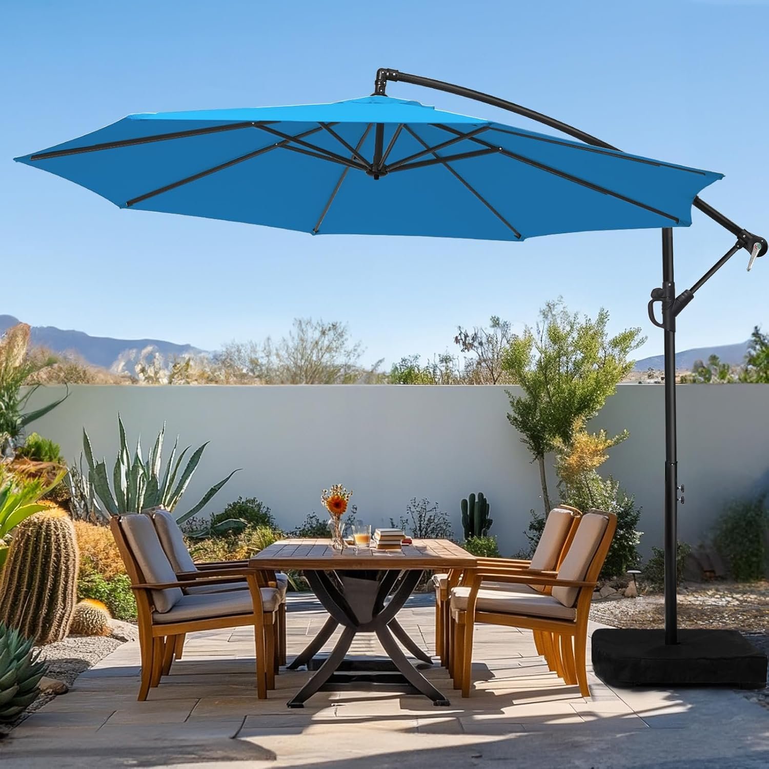 wikiwiki 10ft Patio Umbrella with Base Included, Outdoor Offset Cantilever Umbrella with Sandbag Base for Backyard, Garden and Pool, Easy to Tilt and Crank, Royal Blue