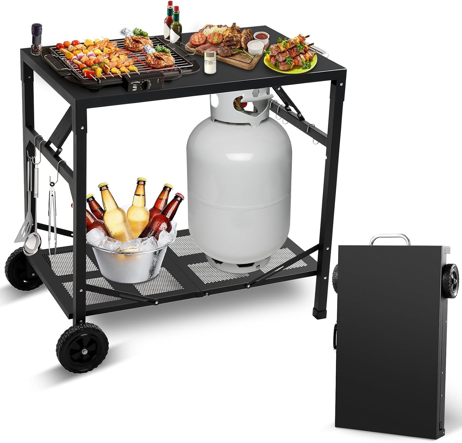 KHAMAL Grill Cart Outdoor with Wheels – Foldable Pizza Oven Stand Table, Portable Dining Cart Table for Outdoor, BBQ, Indoor, Kitchen(Black with Silver Handle)