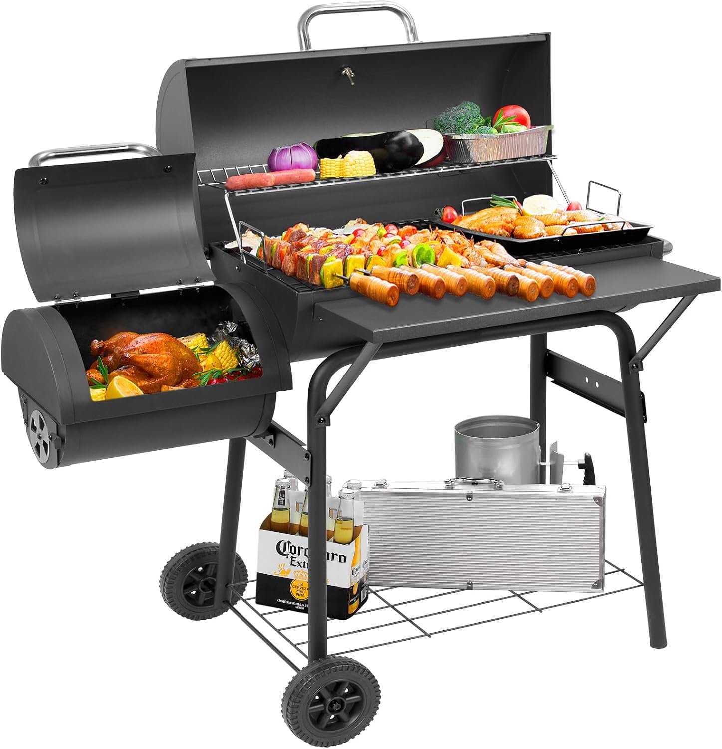 Kendane Barrel Charcoal Grill with offset smoker,550 Square Inches Cooking Area, Outdoor BBQ Grill with Front Shelf, Perfect for Backyard, Patio Parties and Picnics.