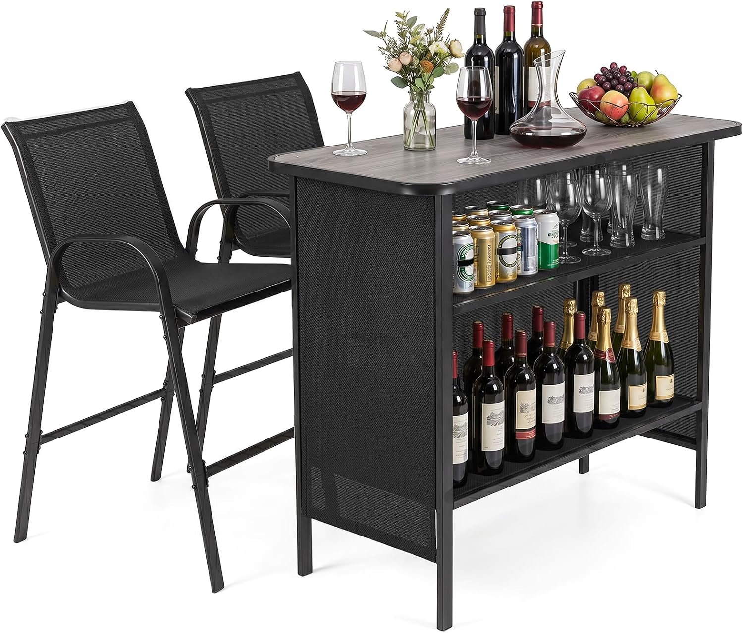 Tangkula 3 Piece Outdoor Bar Set, Patio Bar Height Table & Armchairs with Footrest, Wood Plastic Tabletop & 2-Tier Shelf, Heavy-Duty Metal Barstools & Table Furniture for Backyard, Poolside (Black)