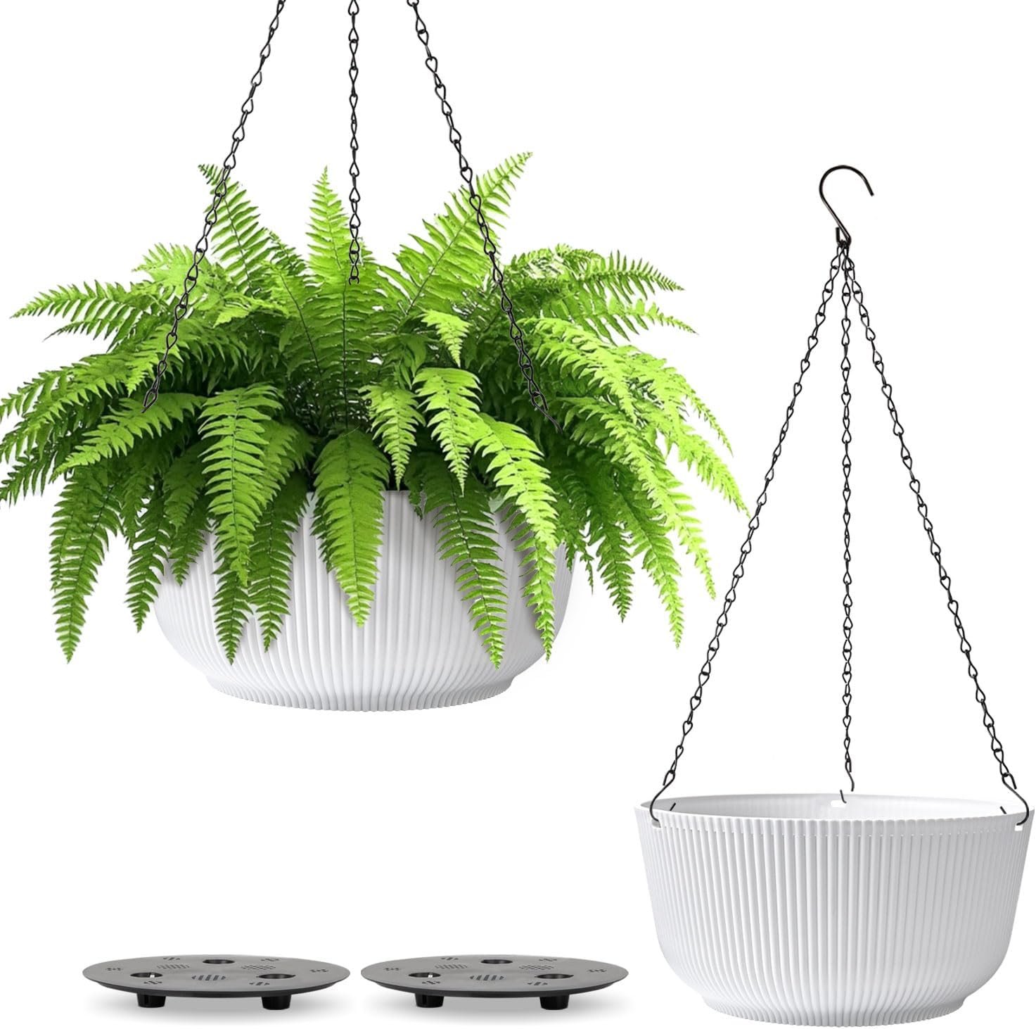 T4U Hanging Planters for Indoor Outdoor, 10 Inch Self Watering Pots, 2 Pack | Hanging basket with reservoir, drainage and chain for ivy, fern, herbs and trailing flowers on patio, porch or balcony