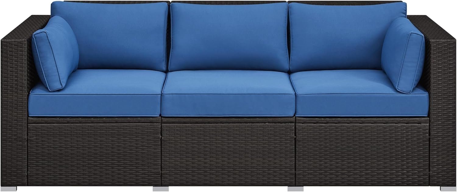 Yaheetech 3-Seat Patio Wicker Sofa, Outdoor Rattan Couch with Furniture Cover, Deep Seat High Back with Cushions & Throw Pillows for Deck/Porch/Balcony/Yard, Brown/Dark Blue | with Furniture Cover, Deep Seat High Back with Cushions & Throw Pillows for Deck/Porch/Balcony/Yard