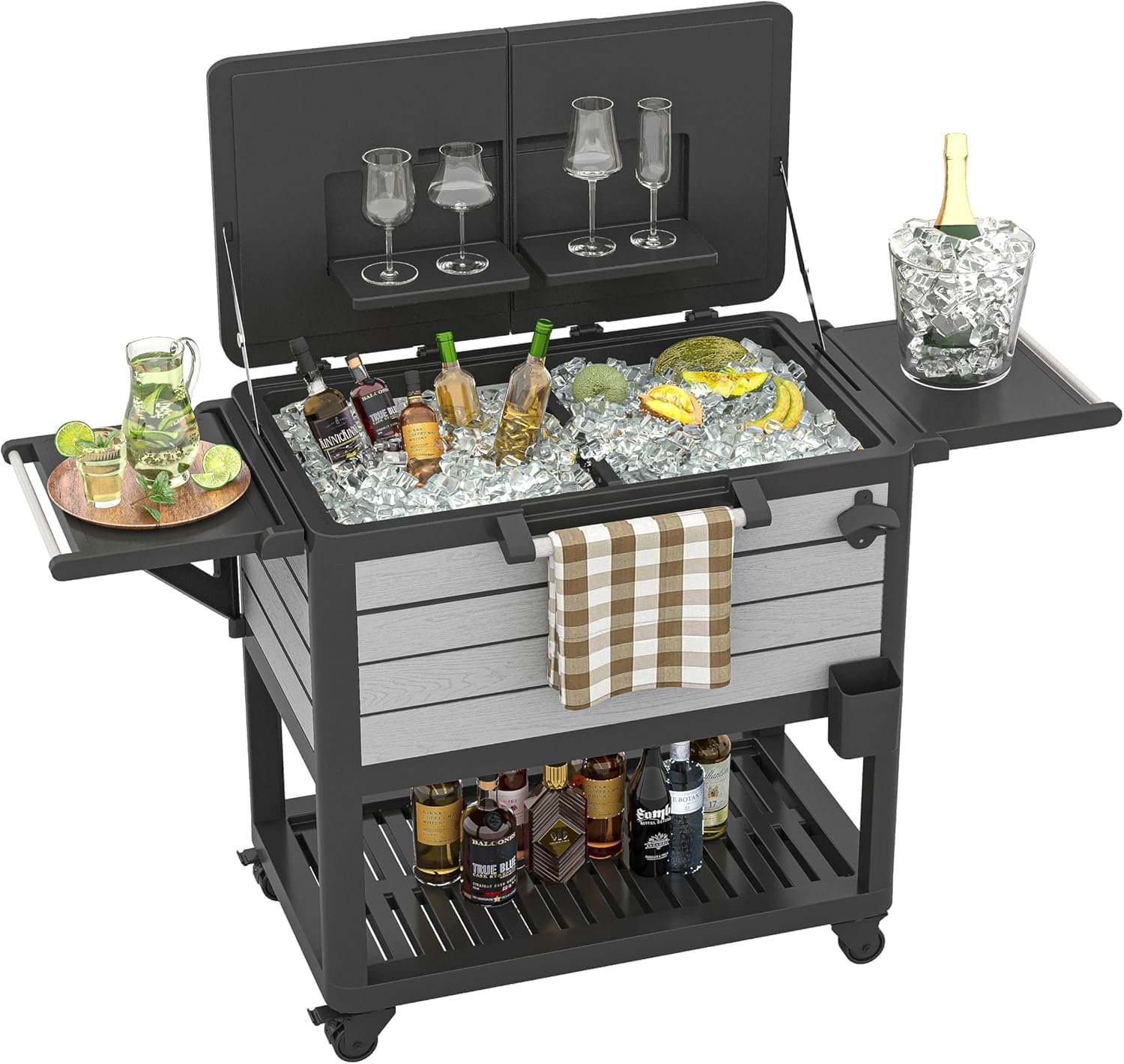 Patio Cooler Cart with Wheels, 80 Qt Portable Rolling Ice Chest, Outdoor Beverage Bar Cart with Handles for Pool, Deck, BBQ, Cookouts Party