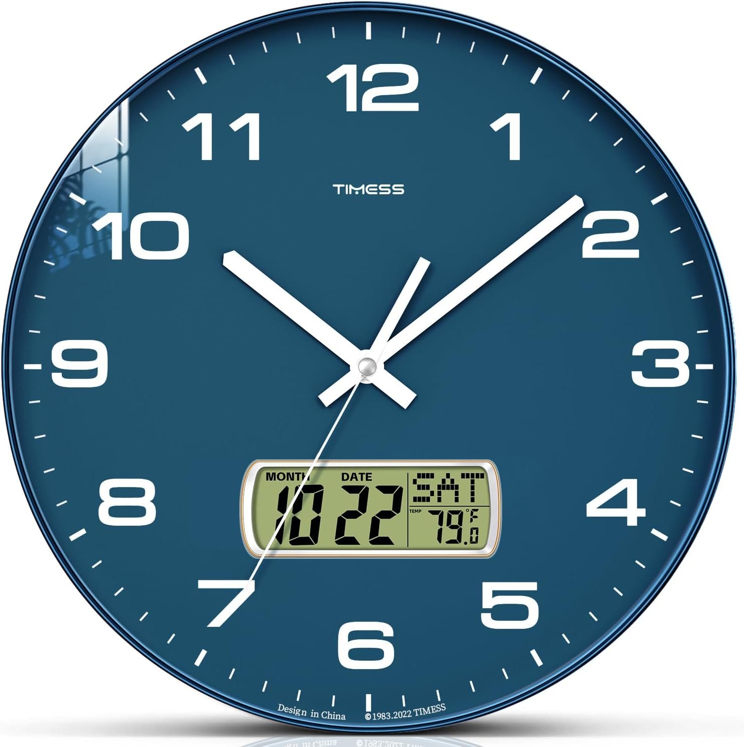 TIMESS 12-Inch Non-Ticking Analog Wall Clock with LCD Display, Blue | Perpetual calendar, Fahrenheit temperature, easy-to-read analog dial, battery operated, ideal for bedroom, kitchen, or office