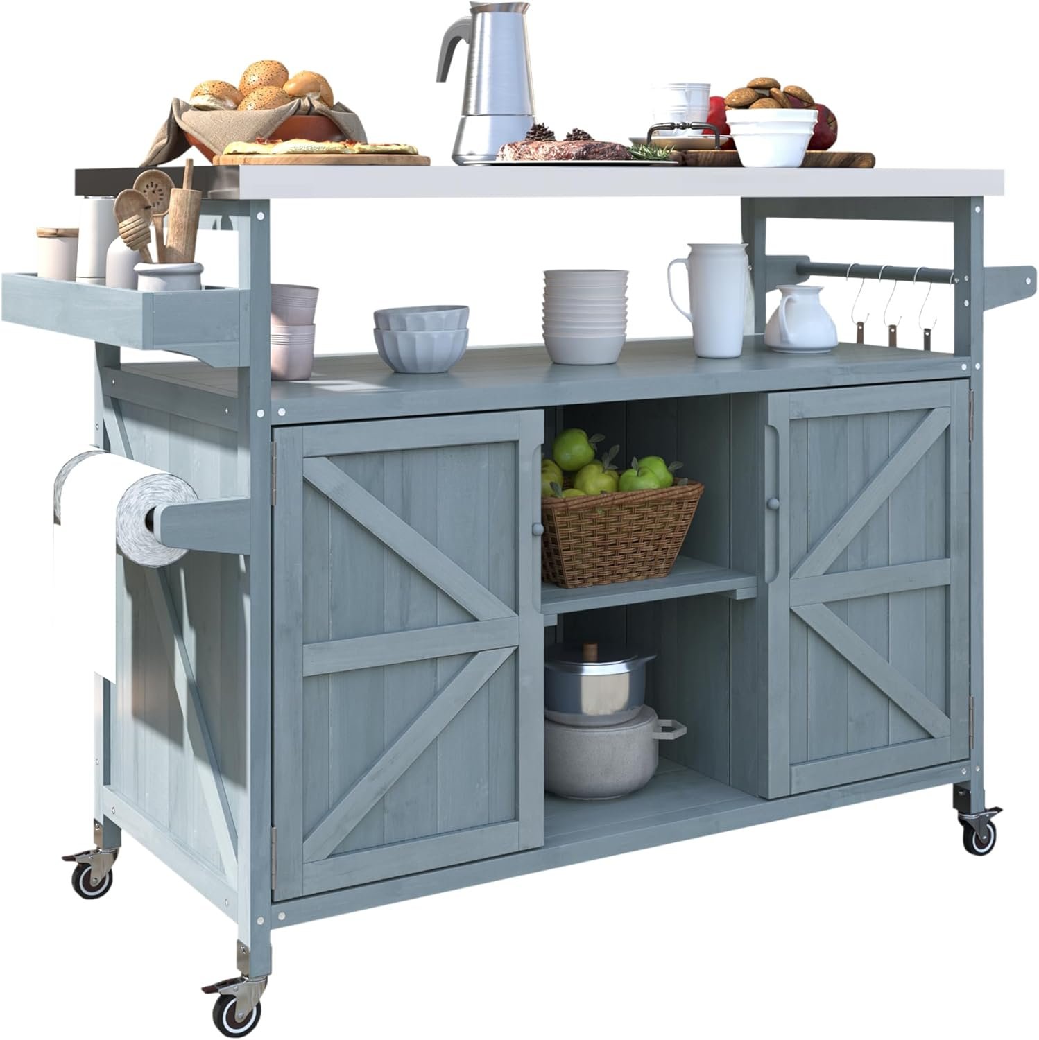 Outdoor Kitchen Island with Stainless Steel Top, Rolling Bar Cart & Storage Cabinet, 100% Solid Fir Wood BBQ Prep Station Grill Table with Spice Rack & Towel Holder (Gray Blue, 50-Inch)