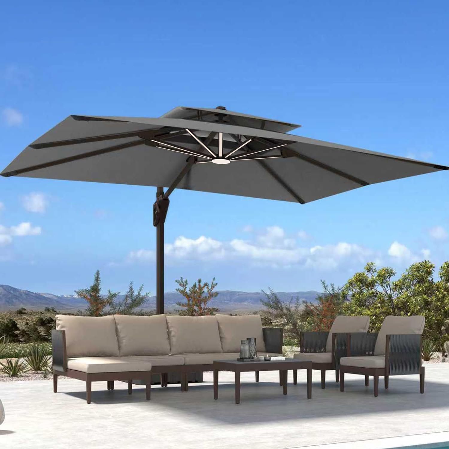 10′ X 13′ Patio Umbrella with Weighted Base and LED Lights Outdoor Cantilever Large Rectangle Offset Umbrellas Heavy Duty Aluminum Double Top with 360-degree Rotation for Pool Garden Deck, Grey