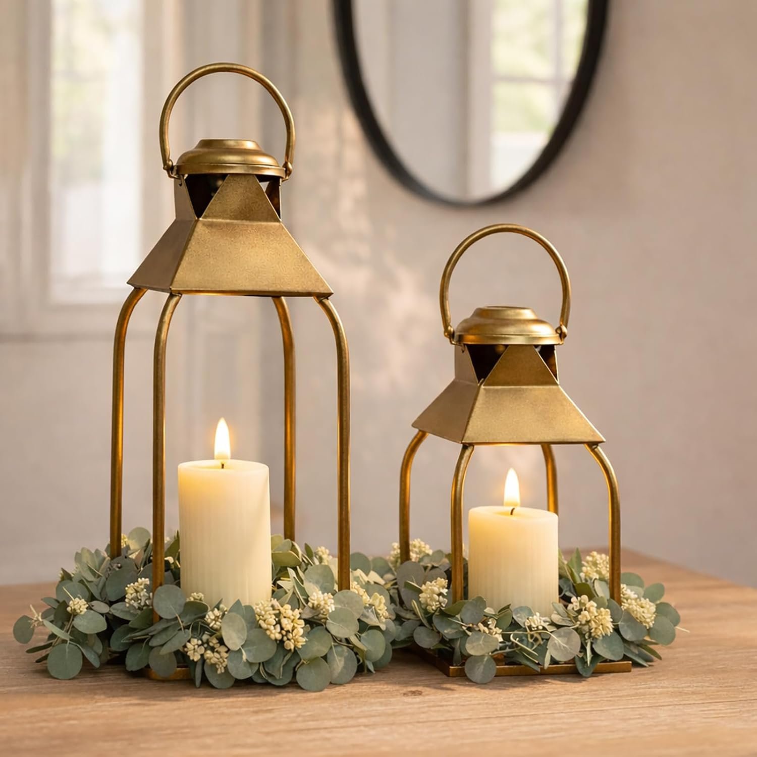 Decorative Metal Lanterns Indoor Outdoor, Candle Holder for Porch, Patio, Fireplace, Floor, Wedding, Christmas, Fall, Holiday, Farmhouse Table Centerpiece (Antique Gold, Set of 2 15.7″ 12″)